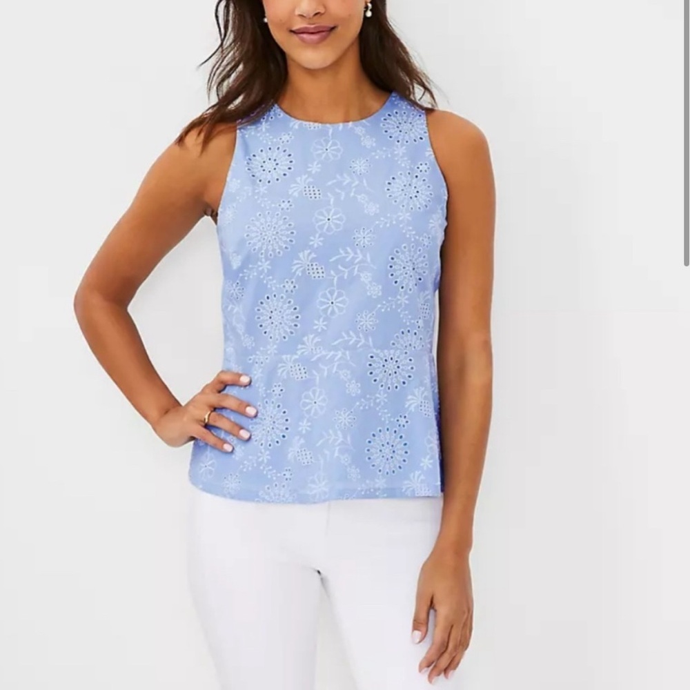 Ann Taylor periwinkle eyelet peplum top. Size 14.